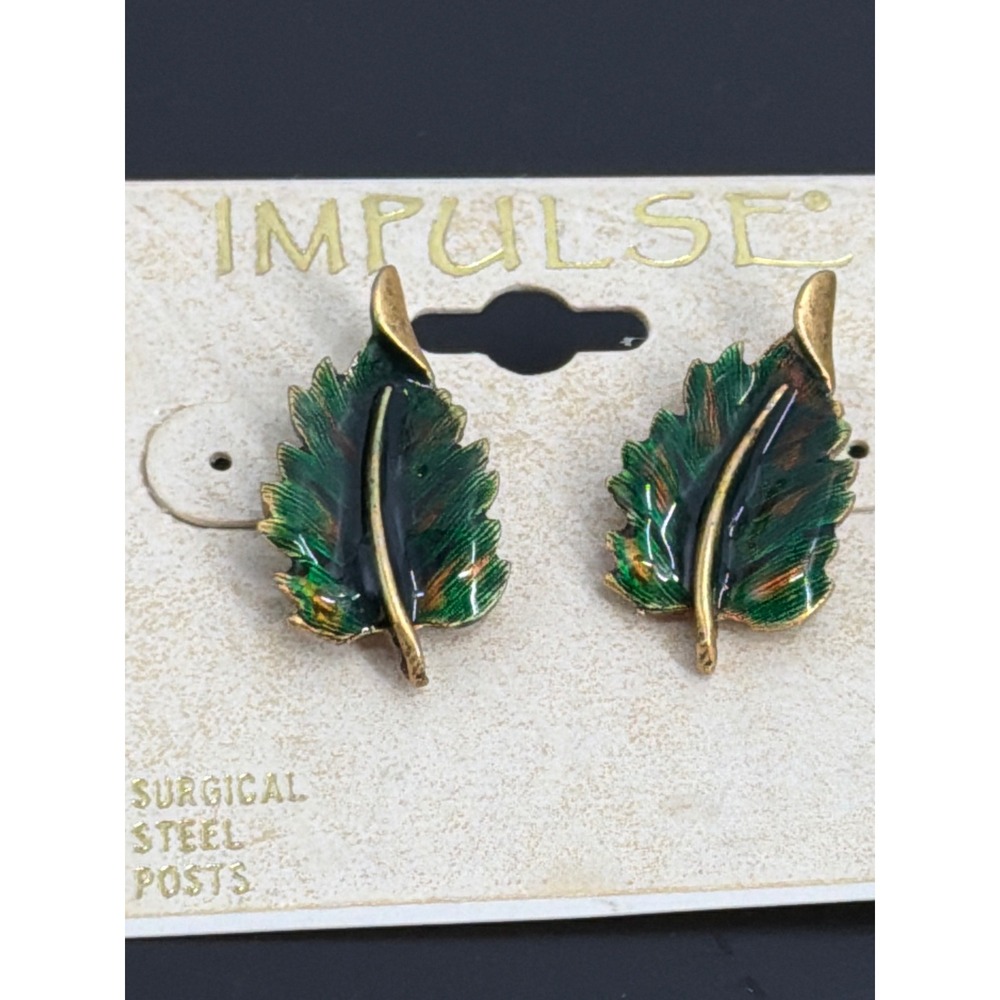 Impulse Vintage Green Enamel‎ Leaf Stud Earrings Gold Tone Surgical Steel Posts